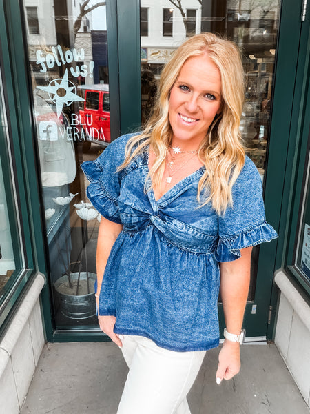 Ruffle Sleeve Denim Top