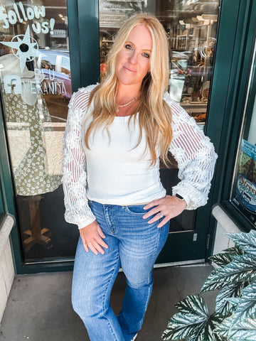 Rib Knit Top W Lace Sleeve