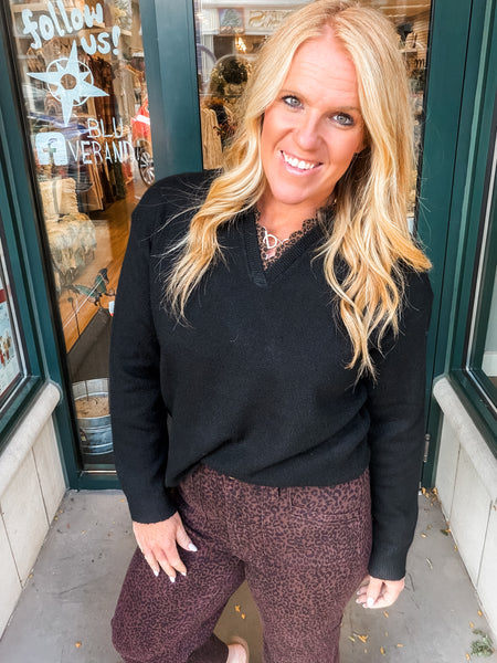 Leopard Neck Trim Sweater