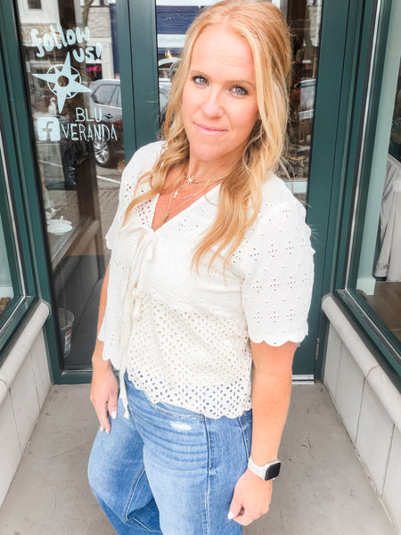 Eyelet Bow Front Blouse
