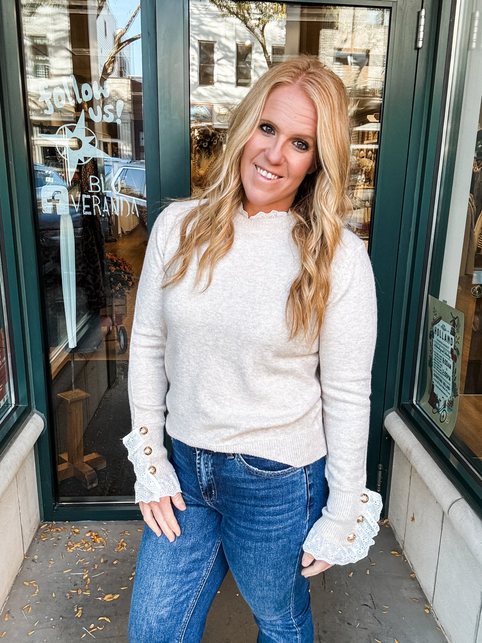 Lace Trim Button Cuff Sweater