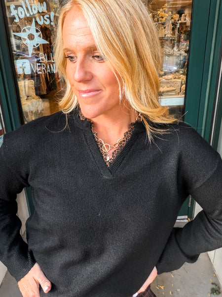 Leopard Neck Trim Sweater