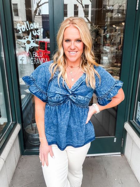 Ruffle Sleeve Denim Top