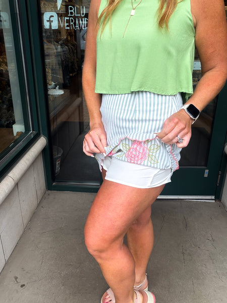 Stripe Print Scallop Embroider Hem Skirt