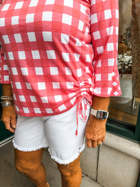Coral Gingham Tie Top