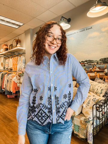 Striped W/Embroidery Blouse