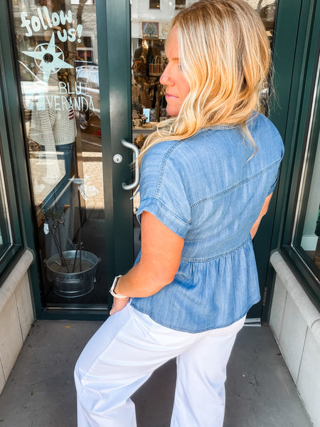 Denim Cuffed S/S Peplum Top