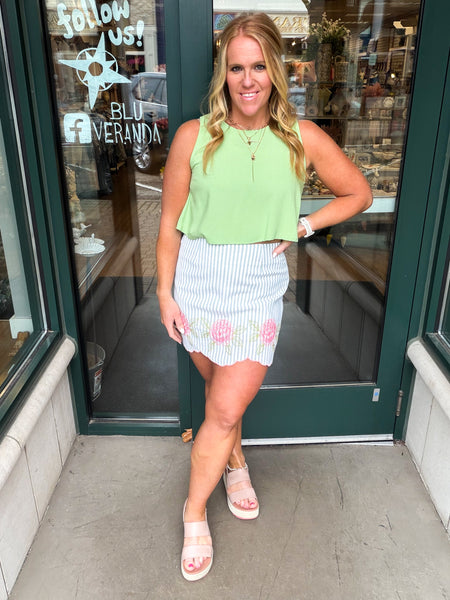 Stripe Print Scallop Embroider Hem Skirt
