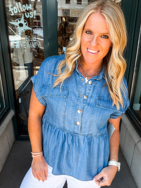 Denim Cuffed S/S Peplum Top