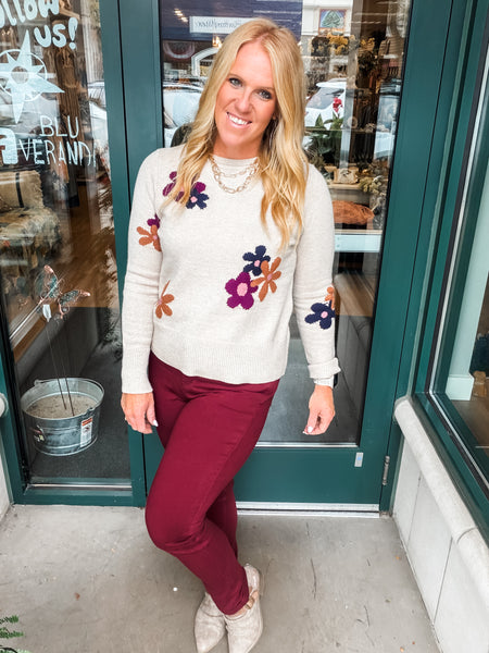 Crew Sweater With Flowers