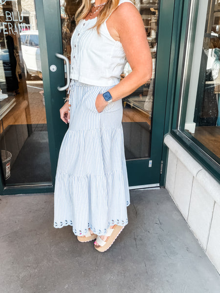 Stripe Midi Skirt w/Embroider