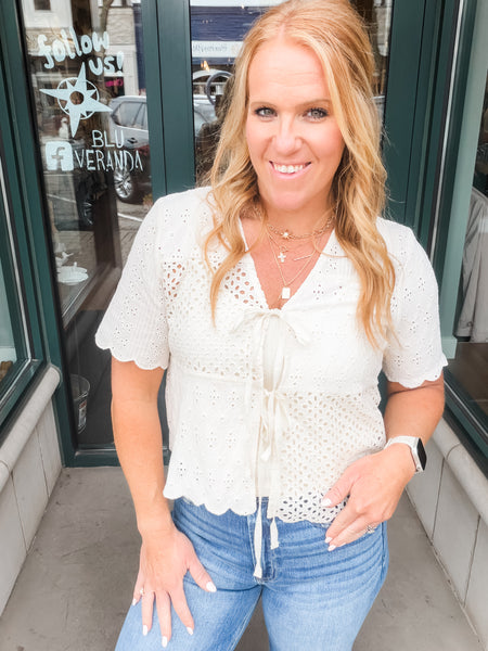 Eyelet Bow Front Blouse